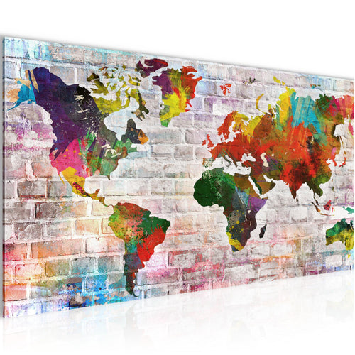 Runa Art Wandbild Weltkarte 1 Teilig 100 x 40 cm Modern Bild auf Vlies Leinwand Steinoptik Ziegel Büro Wohnzimmer Bunt 106912a