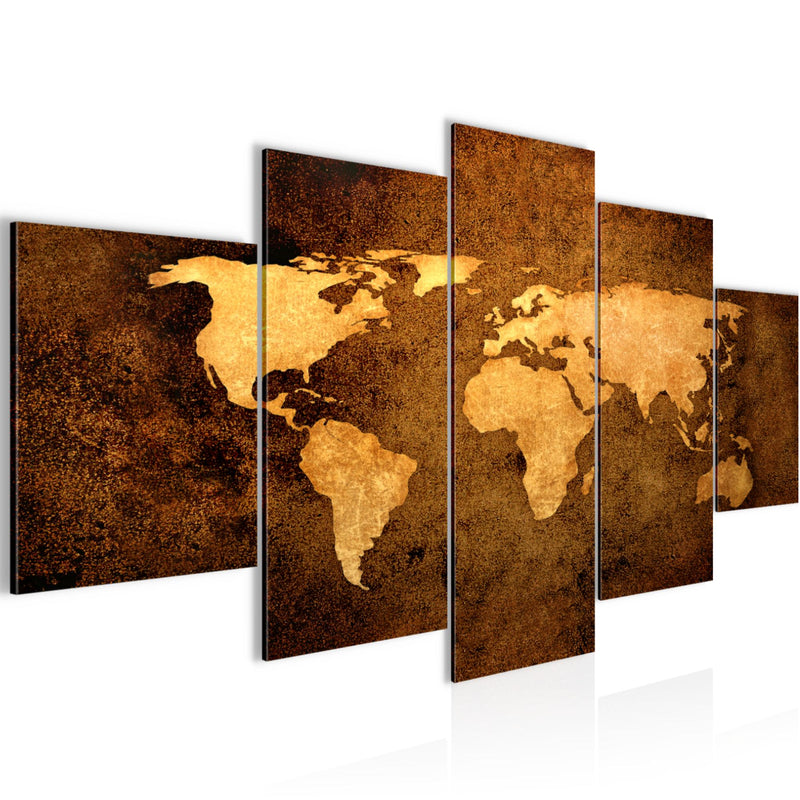 Runa Art Bild Büro Wohnzimmer Weltkarte 5 Teilig Vintage Antik Gold Wandbilder auf Vlies Leinwand 101753a