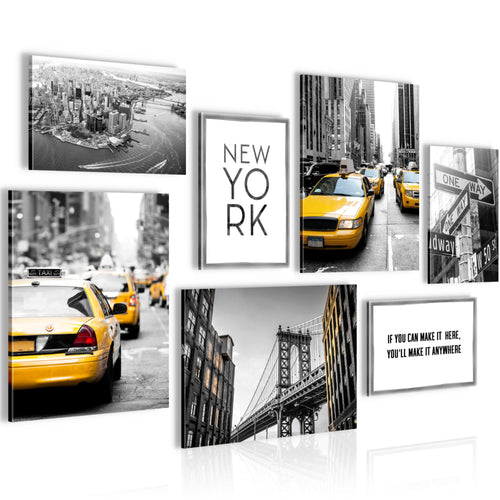 Novart Wandbilder New York City Taxi - KOMPLETT AUFHÄNGFERTIG - Gelb Grau Wohnzimmer Schlafzimmer - 7 Moderne Mood-Bilder - N006371a