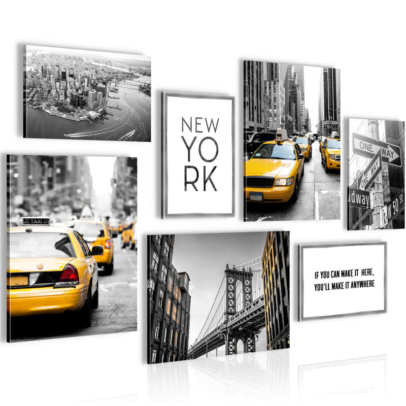 Novart Wandbilder New York City Taxi - KOMPLETT AUFHÄNGFERTIG - Gelb Grau Wohnzimmer Schlafzimmer - 7 Moderne Mood-Bilder - N006371a