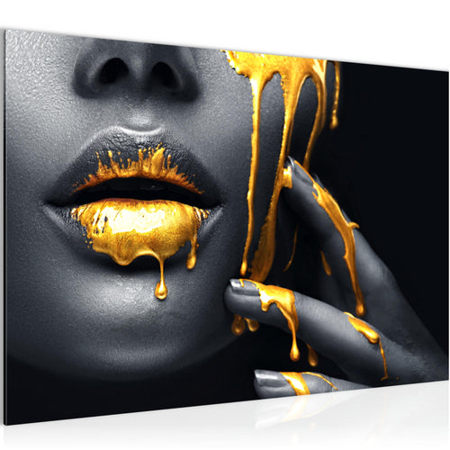 Runa Art Bild Lippen Gold Schwarz Modern Wandbilder Wohnzimmer Schlafzimmer 1 Teilig - Made In Germany - Kosmetik Fashion Frau Flur 041515a