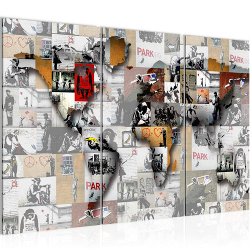 Runa Art Wandbilder Weltkarte Banksy Collage Bild XXL Loft Wohnzimmer Rosa Pop Art 120 x 80 cm 3 Teilig 104531b