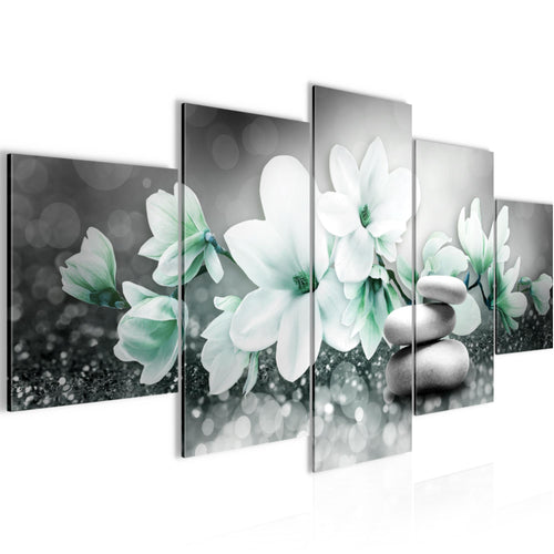 Runa Art Bild Wohnzimmer Schlafzimmer Blumen Magnolien 5 Teilig Abstrakt Grau Türkis Wandbilder auf Vlies Leinwand 035453b