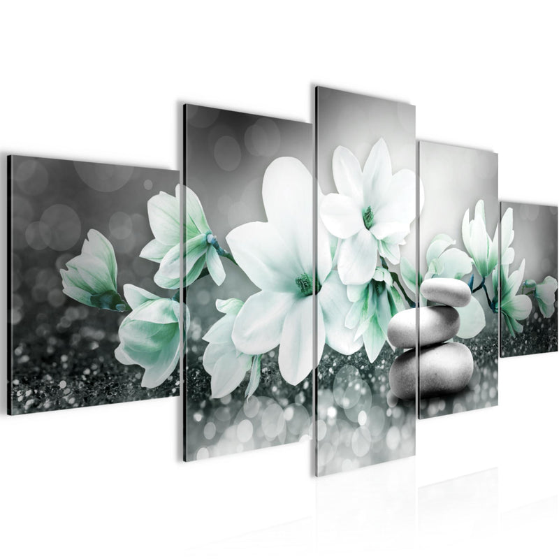 Runa Art Bild Wohnzimmer Schlafzimmer Blumen Magnolien 5 Teilig Abstrakt Grau Türkis Wandbilder auf Vlies Leinwand 035453b