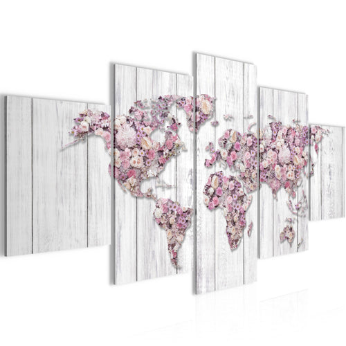 Runa Art Wandbilder Weltkarte Blumen 5 Teilig Bild auf Vlies Leinwand Deko Wohnzimmer Holz Rosa Grau 023252b