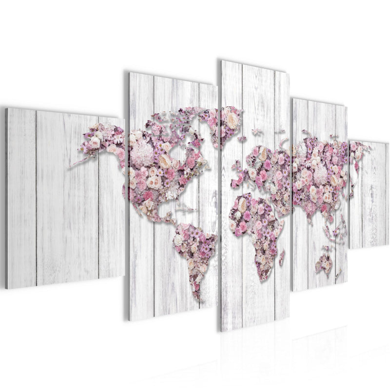 Runa Art Wandbilder Weltkarte Blumen 5 Teilig Bild auf Vlies Leinwand Deko Wohnzimmer Holz Rosa Grau 023252b