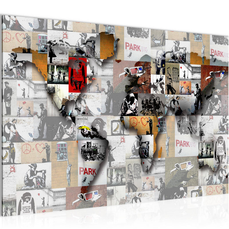 Runa Art Bild Weltkarte Banksy Collage Modern Wandbilder Wohnzimmer Büro 1 Teilig - Made In Germany - Pop Art Rosa Flur 104515b