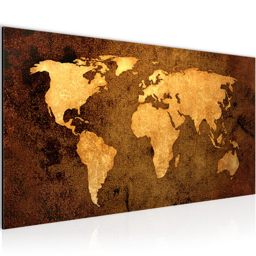 Runa Art Wandbild Weltkarte 1 Teilig 100 x 40 cm Modern Bild auf Vlies Leinwand Vintage Antik Büro Wohnzimmer Gold 101712a