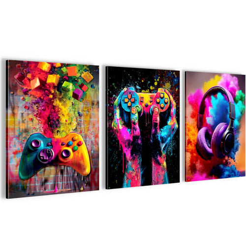 Novart Wandbilder Set Gamer - KOMPLETT AUFHÄNGFERTIG - Kinderzimmer Deko - 3 Moderne Bilder Videospiel - N041235a