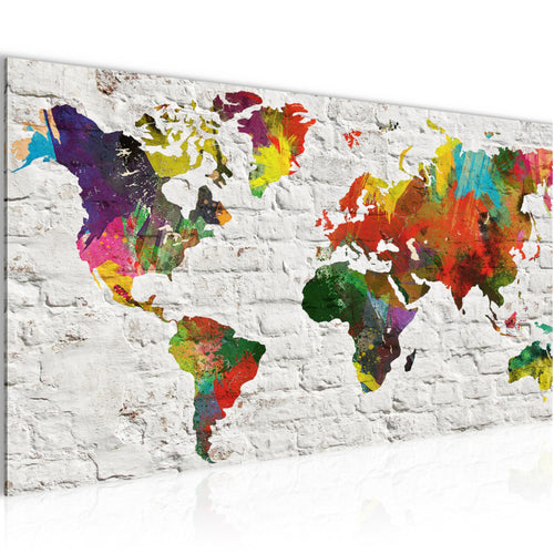 Runa Art Wandbild Weltkarte 1 Teilig 100 x 40 cm Modern Bild auf Vlies Leinwand Steinwand Büro Wohnzimmer Grau Bunt 106912b