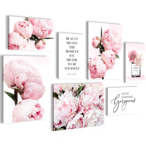 Novart Wandbilder Fashion Blumen - KOMPLETT AUFHÄNGFERTIG - Rosa Wohnzimmer Mädchen Teenager - 7 Moderne Mood-Bilder - N009471a
