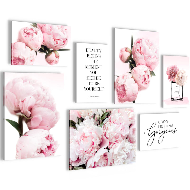 Novart Wandbilder Fashion Blumen - KOMPLETT AUFHÄNGFERTIG - Rosa Wohnzimmer Mädchen Teenager - 7 Moderne Mood-Bilder - N009471a