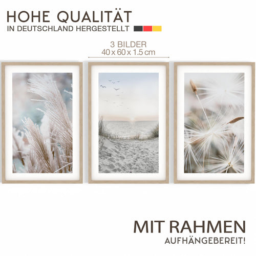 Novart Wandbilder mit Rahmen Strand Meer Boho - Wohnzimmer Schlafzimmer Flur Wanddeko - 3 Bilder Set Blau Beige - N133836aR1