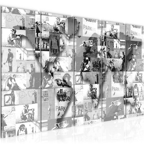 Runa Art Wandbild XXL Weltkarte Banksy Collage Loft Wohnzimmer 200 x 80 cm Grau 5 Teilig - Made in Germany - 104555c