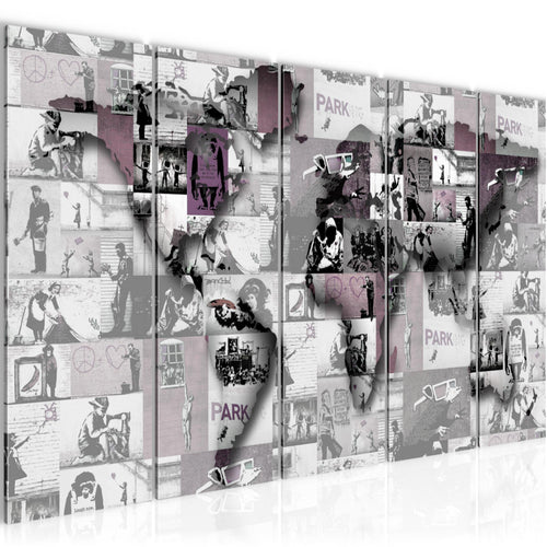 Runa Art Bild Weltkarte Banksy Collage Wandbilder auf Vlies Leinwand 5 Teilig Wanddekoration Loft Wohnzimmer 104556b