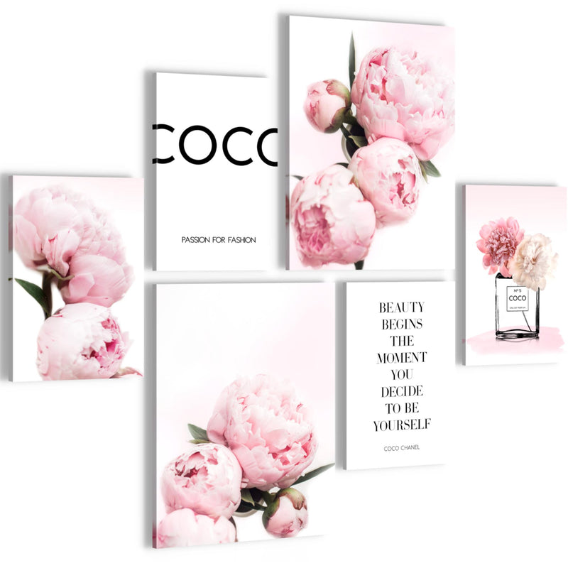 Novart Wandbilder Set Blumen Pfingstrosen Coco - KEIN EXTRA RAHMEN BENÖTIGT -  Modern Deko  - Wohnzimmer Mädchen Teenager N009463a