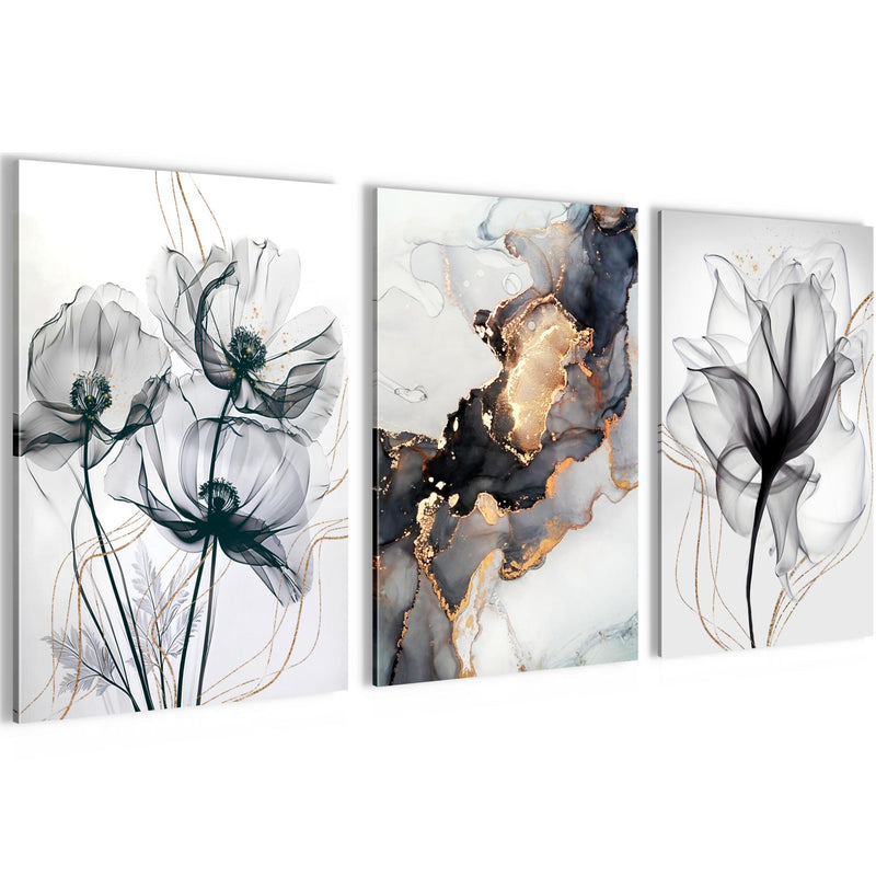Novart Bilder Set Blumen Pflanzen - KEIN EXTRA RAHMEN BENÖTIGT - Wandbilder für Wohnzimmer Schlafzimmer Büro - 3 Teilig Deko Blumen - N032536b