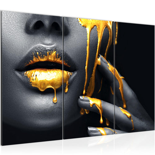 Runa Art Wandbilder Lippen Gold Schwarz Bild XXL Wohnzimmer Schlafzimmer Frau Kosmetik Fashion 120 x 80 cm 3 Teilig 041531a