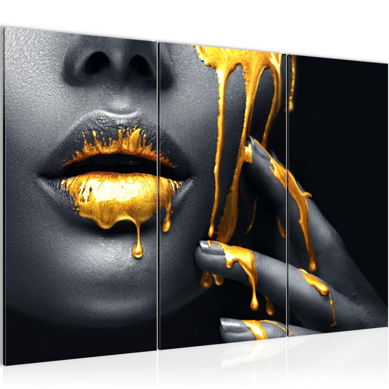 Runa Art Wandbilder Lippen Gold Schwarz Bild XXL Wohnzimmer Schlafzimmer Frau Kosmetik Fashion 120 x 80 cm 3 Teilig 041531a