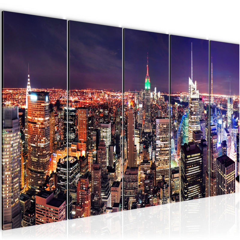 Runa Art Wandbild XXL New York Skyline Wohnzimmer Büro 200 x 80 cm Violett Lila 5 Teilig - Made in Germany - 036255a
