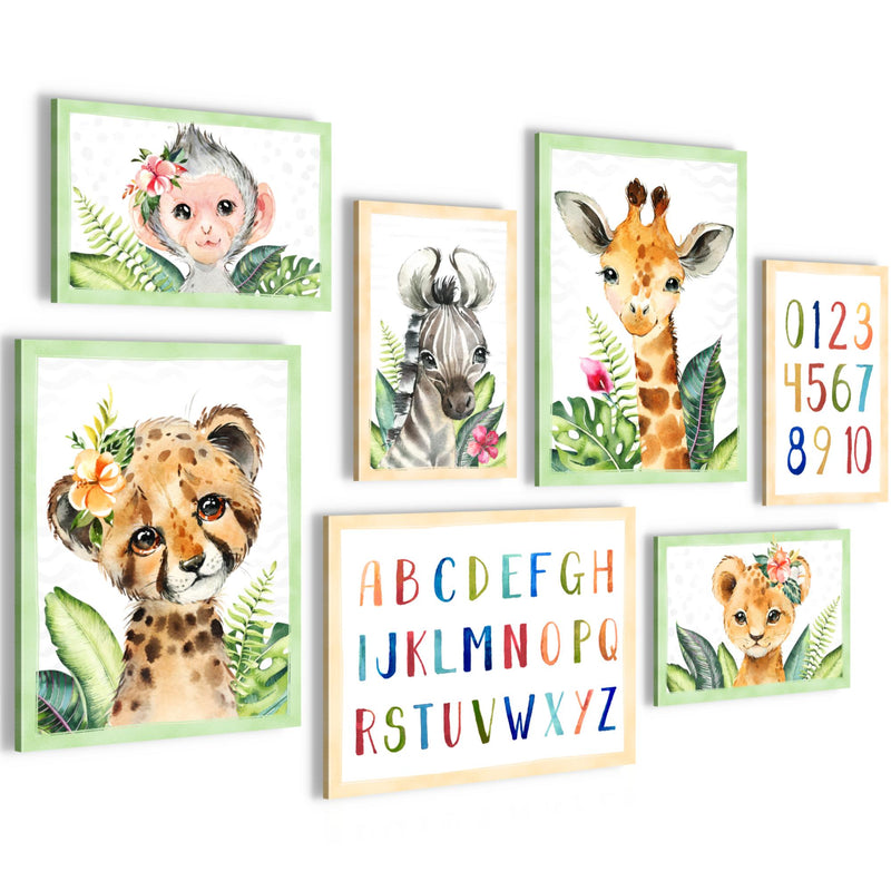 Novart Wandbilder Tiere Afrika - KOMPLETT AUFHÄNGFERTIG - Grün Kinderzimmer Mädchen Junge - 7 Moderne Mood-Bilder - N017371a