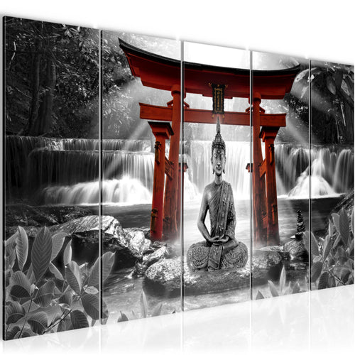 Runa Art Wandbild XXL Feng Shui Buddha Wohnzimmer Schlafzimmer 200 x 80 cm Rot Grau 5 Teilig - Made in Germany - 036455c