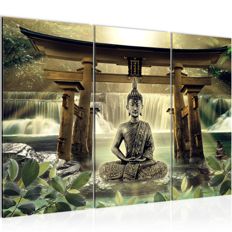 Runa Art Wandbilder Feng Shui Buddha Bild XXL Wohnzimmer Schlafzimmer Grün Braun Spa 120 x 80 cm 3 Teilig 036431a