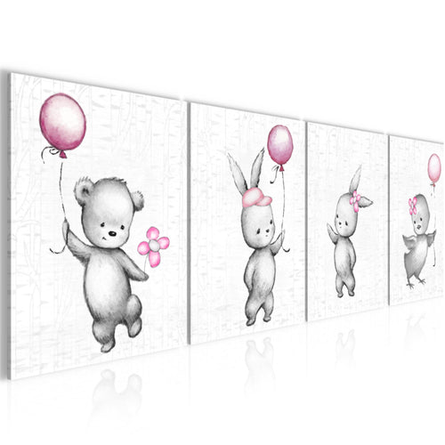 Runa Art Bilder Set 4 Teilig Kinderzimmer Tiere Wandbilder XXL Babyzimmer Spielzimmer 160 x 50 cm Rosa Grau Modern 017846b