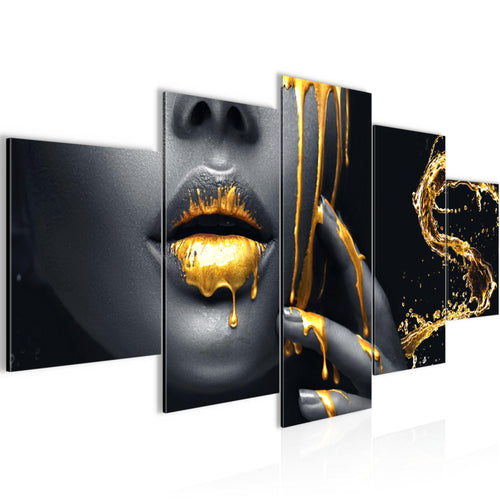 Runa Art Wandbilder Lippen Gold Schwarz 5 Teilig Bild auf Vlies Leinwand Deko Wohnzimmer Schlafzimmer Kosmetik Fashion Frau 041552a