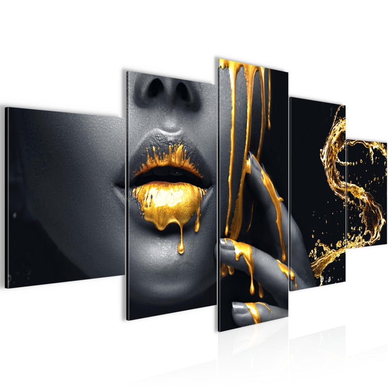 Runa Art Wandbilder Lippen Gold Schwarz 5 Teilig Bild auf Vlies Leinwand Deko Wohnzimmer Schlafzimmer Kosmetik Fashion Frau 041552a