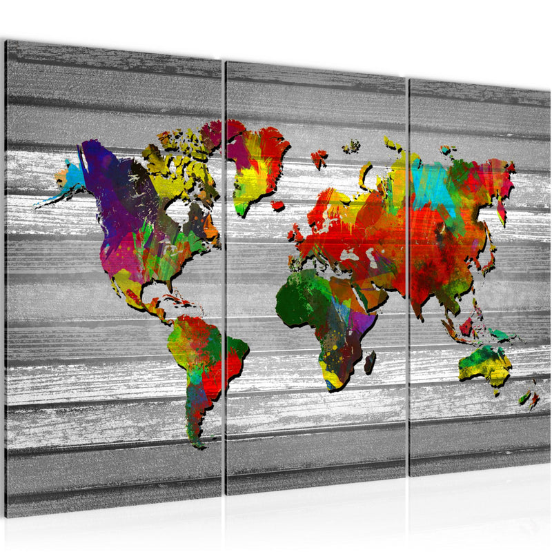 Runa Art Wandbilder Weltkarte Bild XXL Büro Wohnzimmer Bunt Kontinente Holz 120 x 80 cm 3 Teilig 105431b