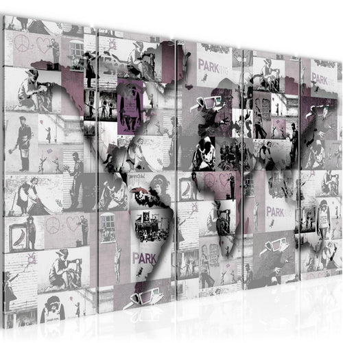 Runa Art Wandbild XXL Weltkarte Banksy Collage Loft Wohnzimmer 200 x 80 cm Rosa 5 Teilig - Made in Germany - 104555b
