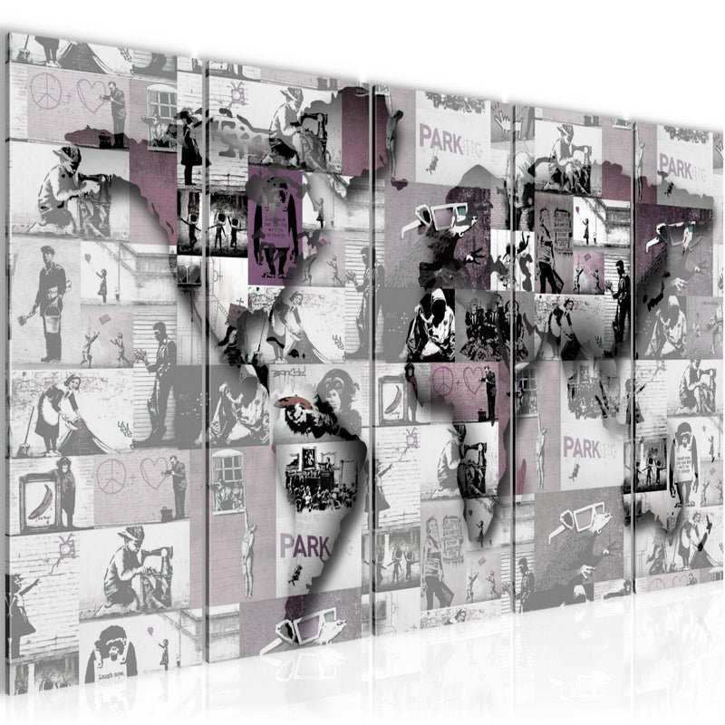 Runa Art Wandbild XXL Weltkarte Banksy Collage Loft Wohnzimmer 200 x 80 cm Rosa 5 Teilig - Made in Germany - 104555b