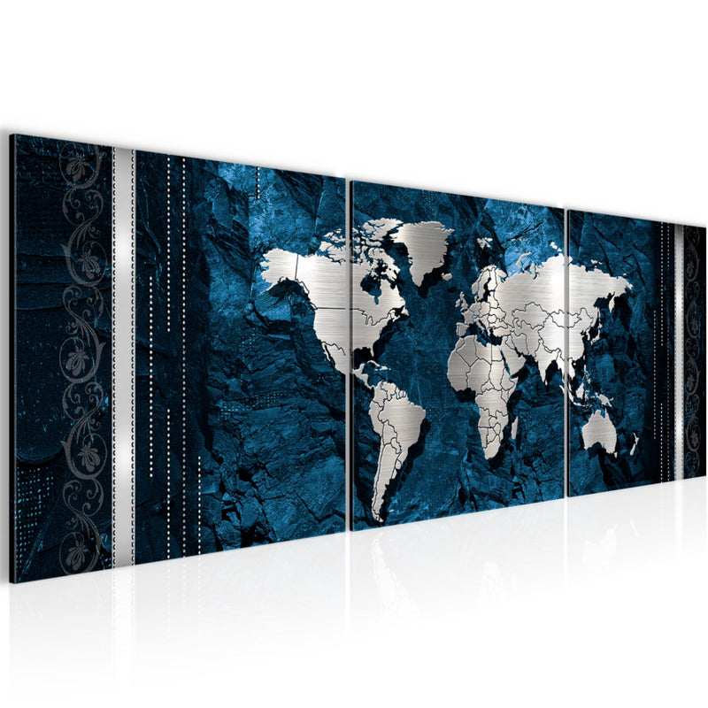 Runa Art - Bilder Weltkarte 120 x 40 cm 3 Teilig Wandbild auf Vlies Leinwand Blau Mehrteilig Modern 107333b