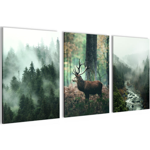 Novart Bilder Set Landschaft - KEIN EXTRA RAHMEN BENÖTIGT - Wandbilder für Wohnzimmer Schlafzimmer Büro - 3 Teilig Deko Waldlandschaft - N004636a