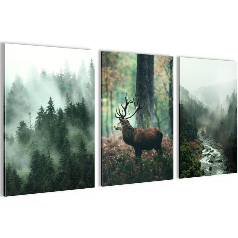 Novart Bilder Set Landschaft - KEIN EXTRA RAHMEN BENÖTIGT - Wandbilder für Wohnzimmer Schlafzimmer Büro - 3 Teilig Deko Waldlandschaft - N004636a