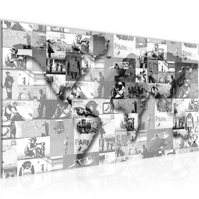 Runa Art Wandbild Weltkarte Banksy Collage 1 Teilig 100 x 40 cm Modern Bild auf Vlies Leinwand Pop Art Loft Wohnzimmer Grau 104512c
