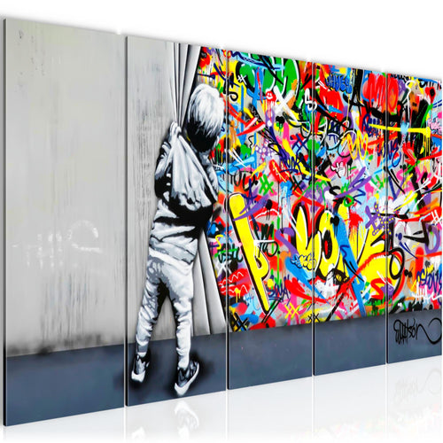 Runa Art Bild Junge hinter dem Vorhang Wandbilder auf Vlies Leinwand 5 Teilig Wanddekoration Loft Wohnzimmer 043556a
