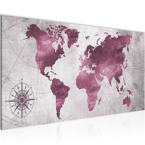 Runa Art Wandbild Weltkarte 1 Teilig 100 x 40 cm Modern Bild auf Vlies Leinwand Vintage Antik Büro Wohnzimmer Pink 026012b