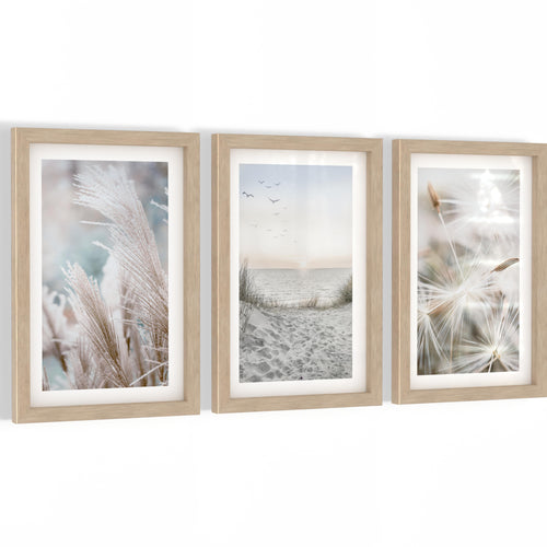 Novart Biler Set Strand Meer Boho - mit Rahmen - Wohnzimmer Schlafzimmer Flur Wanddeko - 3 Wandbilder Blau Beige - N133830aR1