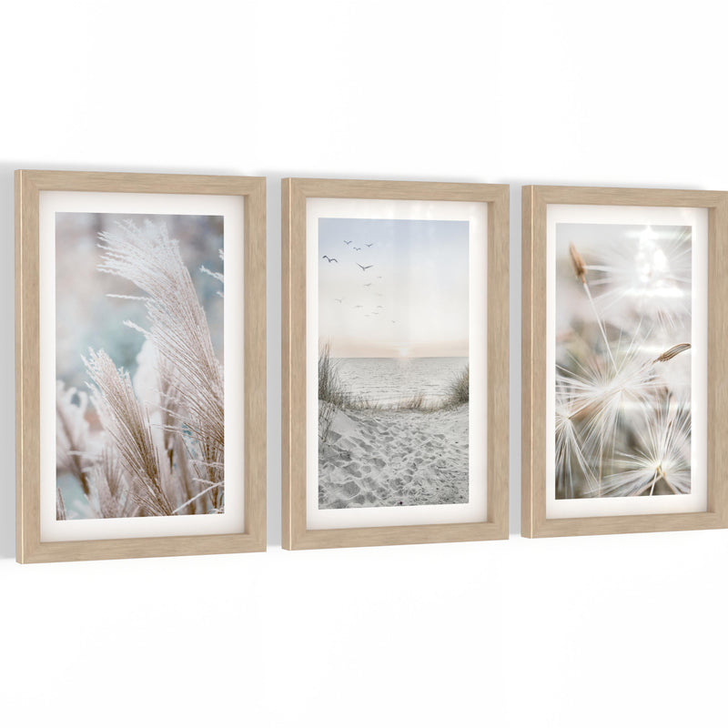 Novart Biler Set Strand Meer Boho - mit Rahmen - Wohnzimmer Schlafzimmer Flur Wanddeko - 3 Wandbilder Blau Beige - N133830aR1