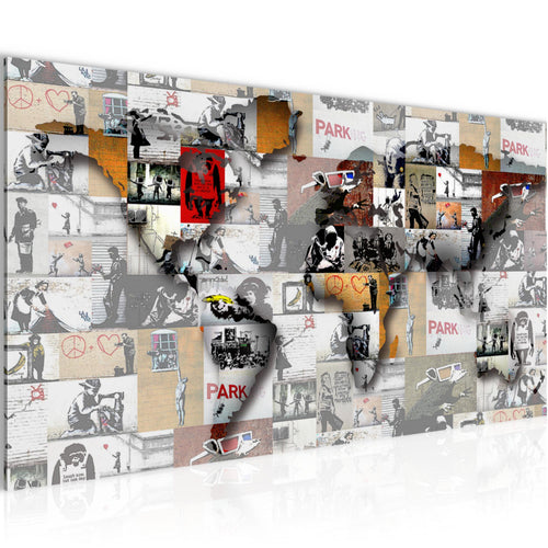 Runa Art Wandbild Weltkarte Banksy Collage 1 Teilig 100 x 40 cm Modern Bild auf Vlies Leinwand Pop Art Loft Wohnzimmer Bunt 104512a