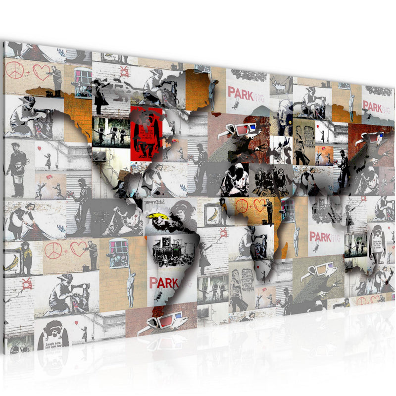 Runa Art Wandbild Weltkarte Banksy Collage 1 Teilig 100 x 40 cm Modern Bild auf Vlies Leinwand Pop Art Loft Wohnzimmer Bunt 104512a