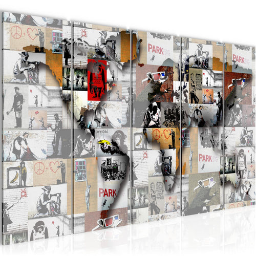 Runa Art Bild Weltkarte Banksy Collage Wandbilder auf Vlies Leinwand 5 Teilig Wanddekoration Loft Wohnzimmer 104556a