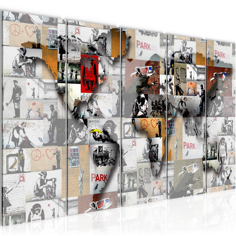 Runa Art Bild Weltkarte Banksy Collage Wandbilder auf Vlies Leinwand 5 Teilig Wanddekoration Loft Wohnzimmer 104556a