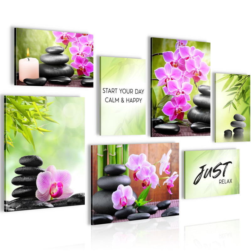 Novart Wandbilder Feng Shui Zen Stein - KOMPLETT AUFHÄNGFERTIG - Grün Lila Wohnzimmer Schlafzimmer - 7 Moderne Mood-Bilder - N003471a