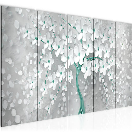 Runa Art Wandbild XXL Blumen Wohnzimmer Schlafzimmer 200 x 80 cm Weiss Türkis 5 Teilig - Made in Germany - 039755b