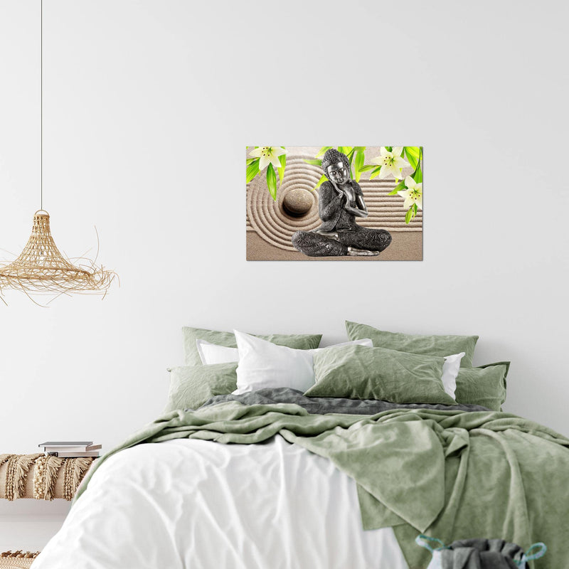 Runa Art Bild Buddha Feng Shui Modern Wandbilder Wohnzimmer Schlafzimmer 1 Teilig - Made In Germany - Lilien Beige Grün Flur 505515b