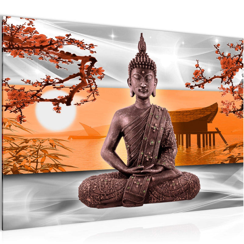 Runa Art Bild Buddha Feng Shui Modern Wandbilder Wohnzimmer Schlafzimmer 1 Teilig - Made In Germany - Kirschblume Grau Orange Flur 504915c