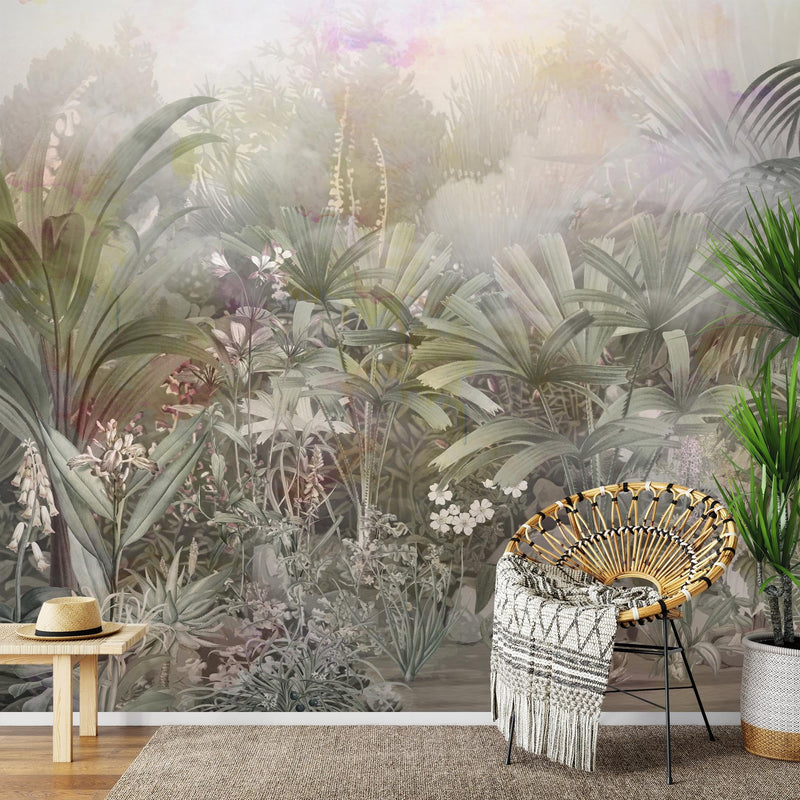 Novart Fototapete Dschungel 396 x 280 cm Wandtapete Blätter Blumen Grün Grau Wohnzimmer Schlafzimmer - N9123012a